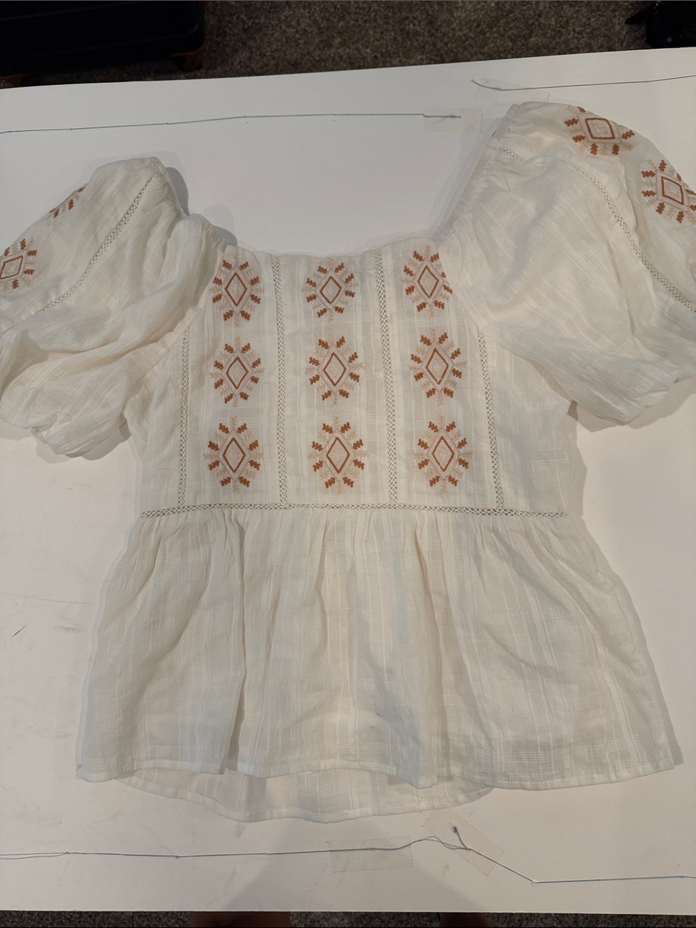 Miss Me White Peasant Blouse with Tan Embroidery